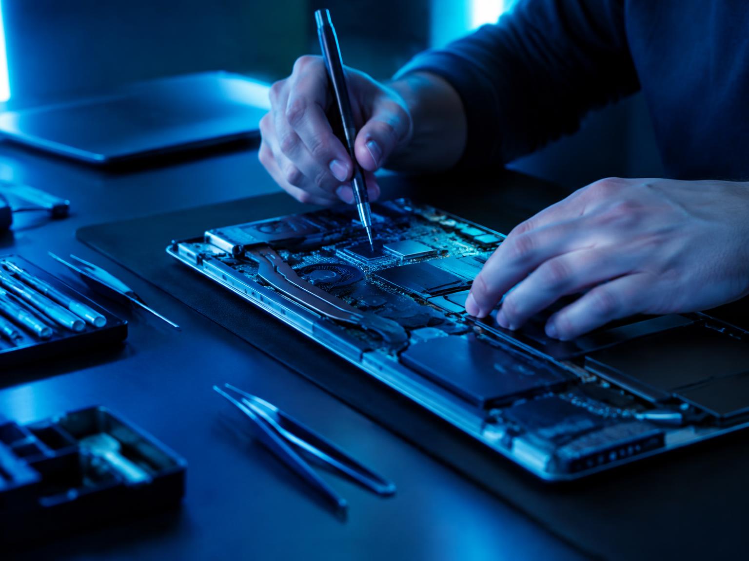 Technician repairing a laptop motherboard with precision tools at World Laptop Care, Bhopal